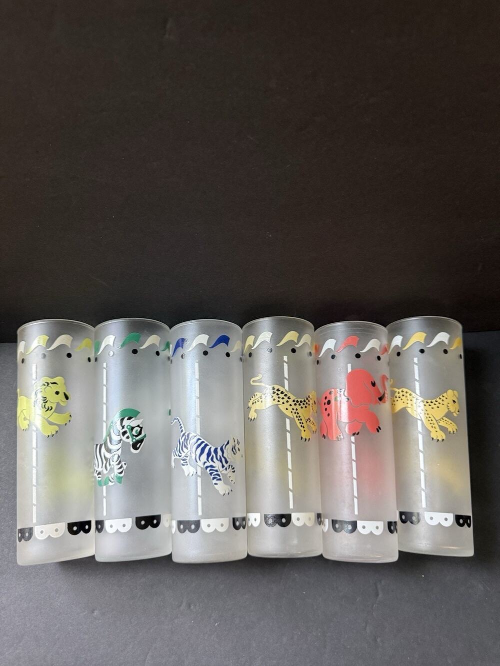 Libby Set (6) Carousel Frosted Circus Merry Go Round Highball Glasses Vintage